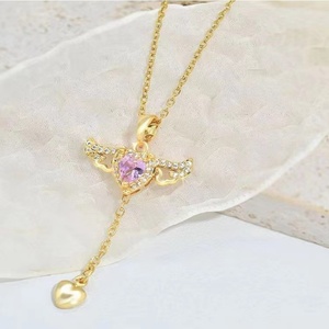 Collar Corazón de Cupido, Joyería de Cobre para Mujer, Cadena de Bambú con Circones, Estilo Deportivo, Diseño de Alas de Ángel con Movimiento, Amor en Movimiento - Product Image 4