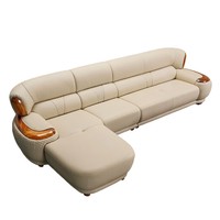 Nouveau canapé en cuir noir de style chinois, ensemble de salon haut de gamme en cuir, canapé d'angle en L minimaliste en cuir de vachette et bois massif