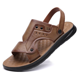 T-Strap Men's <b>Sandals</b> Brown Black Thick Sole Breathable Leather Slip-On Summer Casual Shoes - Product Image 5