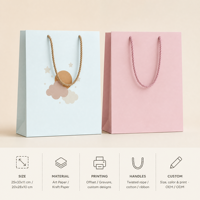 Sacs cadeaux en papier imprimés sur mesure avec poignées en corde torsadée, finition mate premium pour l'emballage de détail et de boutiques