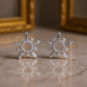 Orecchini a Perno Dineng a Forma di Fiocco di Neve con Diamanti Bianchi Taglio Baguette, Classici per Uso Quotidiano Femminile, Gioielli Raffinati - Product Image 2
