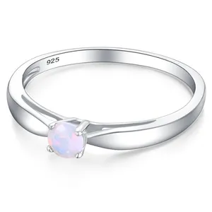 OEM Classic Wedding Anniversary Party Gifts Women Pink Opal Solitaire Ring Rhodium Plated 925 Sterling Silver Fine Gemstone Ring