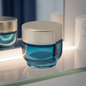 Vente en gros de pots cosmétiques en verre bleu vides avec couvercle en plastique ABS, forme unique, impression de logo, soin de la peau, crème pour le visage, lotion <span class=keywords><strong>YUXI</strong></span> - Product Image 1