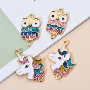 Cute mix flash pink owl Unicorn Horse drop oil alloy charms connectors for earring necklace jewelry making