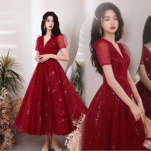 Burgundy Bridesmaid Dress V Neck Mid Length Tulle Sequin Elegant Banquet Wedding Graduation Party Dress - Product Image 1