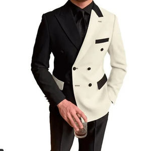 Jas Pria Hitam Putih Patchwork Slim Fit Kerah Runcing Double Breasted 2 Potong Tuxedo Formal Pernikahan Blazer+Celana Kostum Homme - Product Image 1
