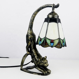 LongHuiJing 6-Inch Vintage Tiffany Stained Glass Cat Flower Table <b>Lamp</b> for Restaurants Elegant Home Decor and <b>Office</b> Lighting - Product Image 3