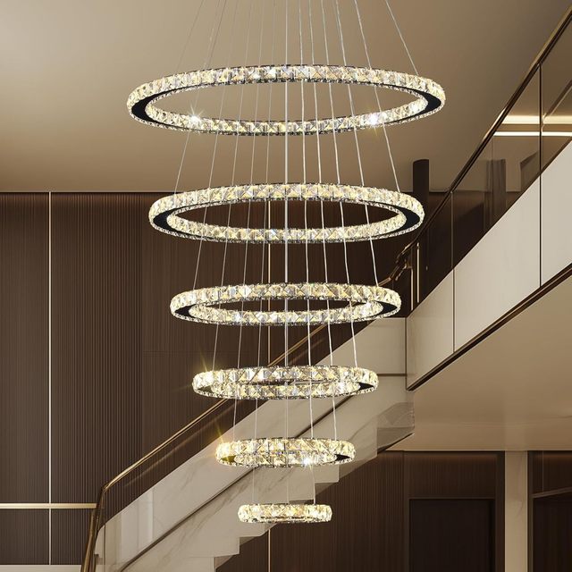 Modern Luxury Rings Gold LED Crystal Chandelier Adjustable Large Circle Pendant Light for Villa Duplex Living Room Staircase
