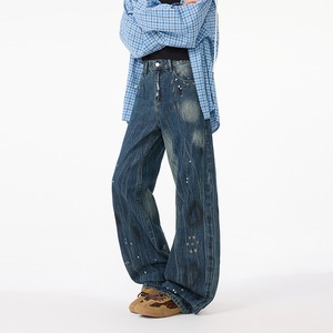 Pantalones Unisex de Mezclilla con Diseño de Salpicaduras de Pintura, Estilo Urbano, Cintura Media, Corte Recto, Holgados, Estilo Americano, para Otoño e Invierno - Product Image 1