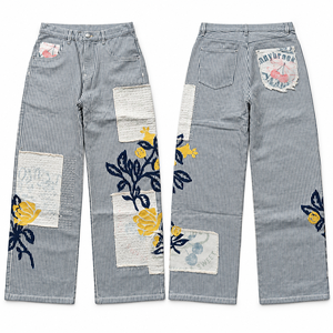 Jeans Anchos de Mujer con Parches, Bordado Floral Azul, Denim, Corte Holgado, Pantalones Casuales - Product Image 2