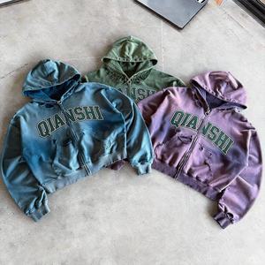 Vintage Streetwear Hole <b>Hoodie</b> Drop Shoulder Heavyweight Cropped Zipper <b>Hoodie</b> Men Acid Wash Oversized Distressed <b>Zip</b> <b>Up</b> <b>Hoodie</b> - Product Image 1