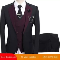 Ensemble de costume trois pièces pour homme, noir et beige, formel, pour affaires, mariage, soirée, veste, gilet, pantalon, coupe ajustée