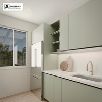 Meuble de cuisine de luxe en PVC, configuration en croix, avec portes en panneaux vert sauge, boîtes en panneaux de particules et poignées intégrées