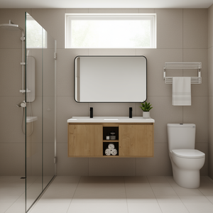 Meuble-lavabo mural 48 pouces avec double vasque, charnières à fermeture douce, design élégant, armoire en bois avec miroir inclus - Product Image 2