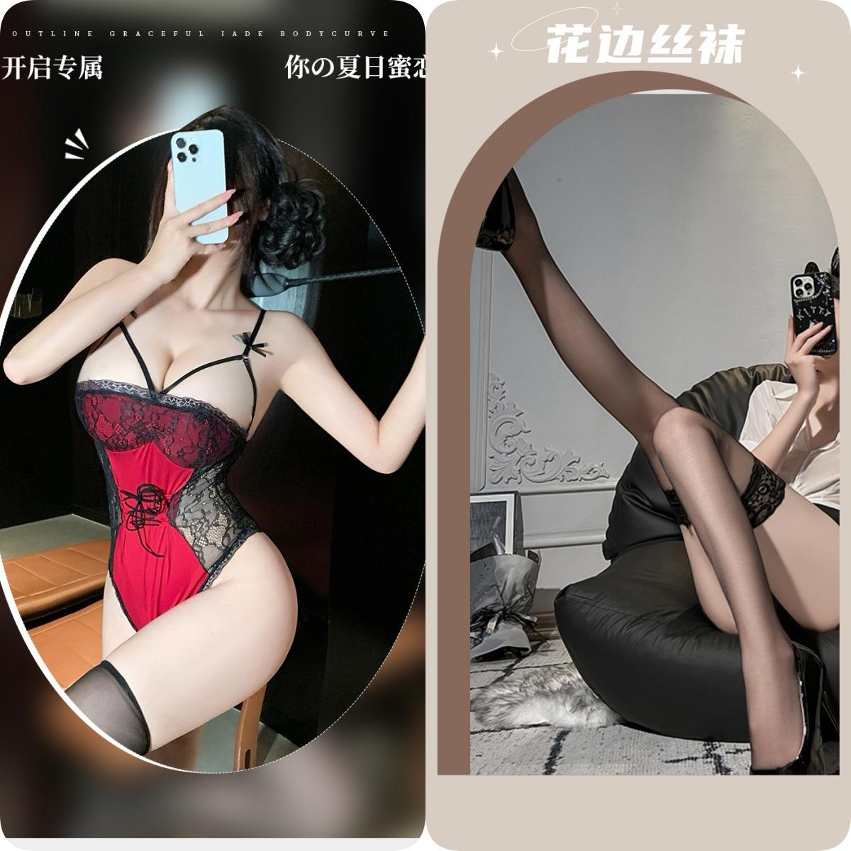 Crotchless jumpsuit + black stockings