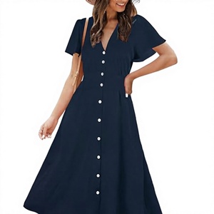 Robe midi pour femme à col en V, coupe trapèze, manches courtes, boutonnée sur le devant, couleur unie, décontractée, en polyester tissé, pour l'été/le printemps - Product Image 2