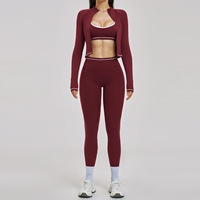Ensemble de vêtements de sport 3 pièces pour femmes, coupe ajustée, blocs de couleur, nylon, tenue de yoga pour l'automne, course à pied en plein air, entraînement physique