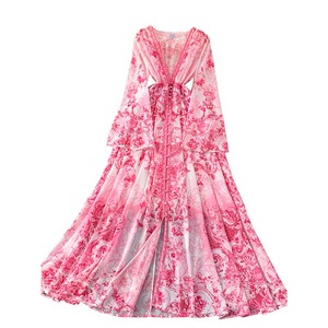 Vestido Maxi de Mujer al por Mayor, Estilo Vintage, Elegante, Estampado, con Cuello en V Profundo, Manga Campana, Abertura Alta, Cintura Alta, para Vacaciones, Fiesta, Boutique, Moda - Product Image 2