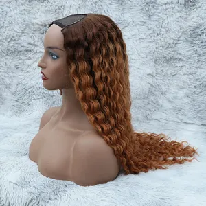 Wig Pirang Rambut Manusia Panjang Alami 100% Kualitas Tinggi, Wig Bagian U Keriting Tenun Kustom