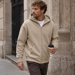 Custom Logo <strong>Hoodie</strong> Manufacturer <strong>Beige</strong> Heavyweight Oversized <strong>Mens</strong> Minimalist Cotton Blend Drop Shoulder Zip up <strong>Hoodie</strong> - Product Image 3