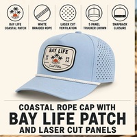 Gorra Trucker de 5 Paneles con Logotipo Personalizado OEM ODM, Bordado 'Bay Life' Cortado con Láser, Venta al por Mayor de Fábrica, MOQ Bajo, DDP