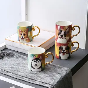 Tazze per cani carine tazze in ceramica tazze in porcellana all'ingrosso tazze da caffè da 320ml bordo dorato manico in oro