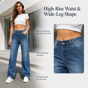 Jean en denim taille haute pour femme, coupe ample, jambe large, longueur intégrale, style décontracté vintage, polyester/coton respirant, été/printemps - Product Image 3