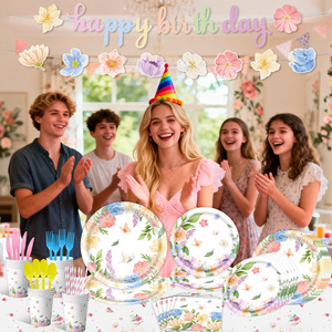 Ensemble de vaisselle de fête printanière avec papillons et fleurs, assiettes en papier, gobelets, bannière pour les fêtes de remise de diplômes, anniversaires, Pâques, directement de l'usine - Product Image 3