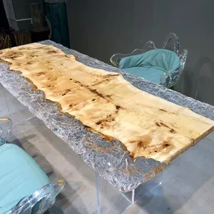 Exquisite Ice Patterned Transparent Poplar Wood Table Live Edge Solid Wood Epoxy Resin River Tables