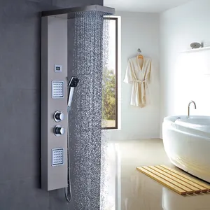 Banyo islak ucuz masaj fırçalanmış nikel duş duvar paneli LED ışıkları sistemi