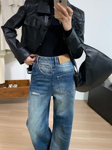 Yuanbofei High-Waist <strong>Women's</strong> Solid Cotton Ripped Asymmetric Jeans Casual Straight-leg Breathable Denim Patchwork Trousers - Product Image 3