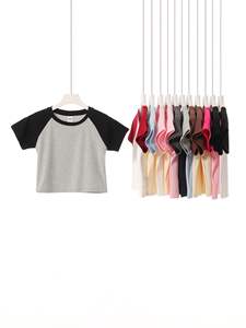 Femme Raglan Sleeve Two Colors t Shirts Cotton Spandex 230gsm Summer Solid Color Crop Top t Shirts - Product Image 3
