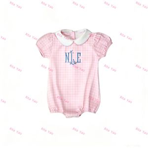 Easter pink Blue Gingham Print Baby Clothes Short Sleeve Peter Pan Collar Baby Boy Girl Onesie Toddler Summer <strong>Coming</strong> <strong>Home</strong> <strong>Outfit</strong> - Product Image 2