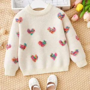 OEM ODM Service Round Neck Pullover Sweaters Custom Logo Cute Toddler Girls Heart Pattern Drop Shoulder Jumper Sweater