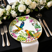 Assiettes de table à motifs floraux tropicaux et perroquets, assiette de présentation en porcelaine fine à bordure dorée