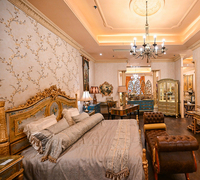 Lit classique de style européen Yips LD-1703-1505 avec motif floral peint à la main, ensemble de meubles de chambre à coucher en bois, couleur or luxueuse