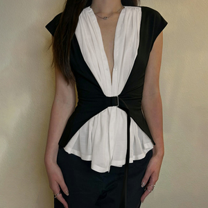Women Color Block V Neck T-shirt Sleeveless Buckle Belted Slim Fit <b>Top</b> Elegant Office women <b>Asymmetrical</b> <b>Hem</b> <b>Top</b> - Product Image 4
