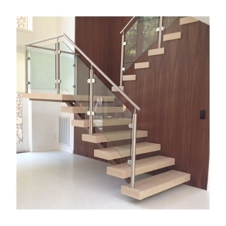 Escalera recta de madera y acero para interiores, barandilla de cristal con diseño de barandilla