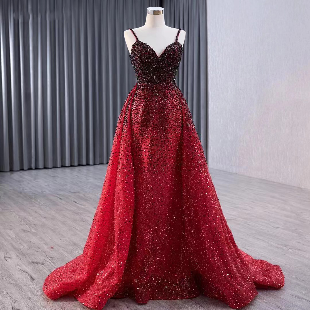 fitted lace wedding dress Black Tulle and Red Sequins Long Prom Dress, Off the Shoulder Evening