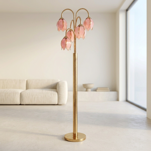 Lámpara de Pie de Cristal Rosa Pastel con Forma de Árbol de Tulipanes, 5 Luces y Ramas Doradas (E26) - Product Image 5