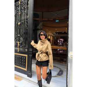 Manteau trench camel pour femme, court, en dentelle, col roulé, décontracté, long, imperméable, en cuir, cachemire, coton, personnalisé pour le printemps - Product Image 4