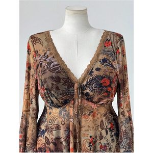 Women's Plus Size Bell Sleeve <b>Top</b> V Neck Floral Print Boho Chiffon <b>Flowy</b> Empire Waist Long Sleeve Shirt - Product Image 3