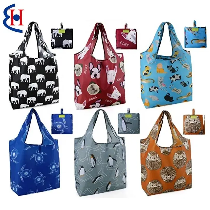 Grocery Bags cute Ripstop Waterproof Machine Washable Eco-Friendly standard reusable nylon foldable shopping bag in pouch