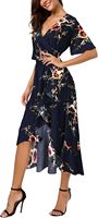 Robe longue vintage antistatique pour femme, taille élastique, manches courtes, motif floral, col en V asymétrique, fluide, pour soirée, 100 % rayonne