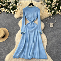 Robe élégante pour femmes à manches longues en tricot, coupe évasée, avec boutons décoratifs, robe midi décontractée ajustée pour tous les jours, robes élégantes pour femmes