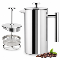 Cafetière à piston en acier inoxydable 304 à double paroi isolée, style européen, avec infuseur à thé et filtre à mailles fines
