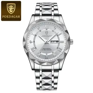 POEDAGAR Top Reloj Luxury Man Wristwatch Waterproof Luminous Date Week Men Watches Stainless Steel Quartz Men's Watch Male Reloj