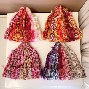 Mũ len móc tay dệt kim sọc nhiều màu sắc cầu vồng ấm áp mùa đông kiểu dáng rộng rãi tua rua - Product Image 2