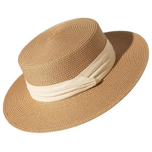 Fabricant de chapeaux de paille à dessus plat pour femmes sur mesure en gros, chapeau de soleil de style Panama d'été avec bande en ruban pour les commandes en gros, OEM ODM - Product Image 1