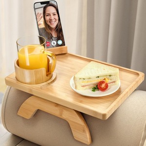 Baki Sofa bambu lapisan ganda, klip dudukan ponsel pada meja dengan pemegang cangkir dan pemegang ponsel - Product Image 5